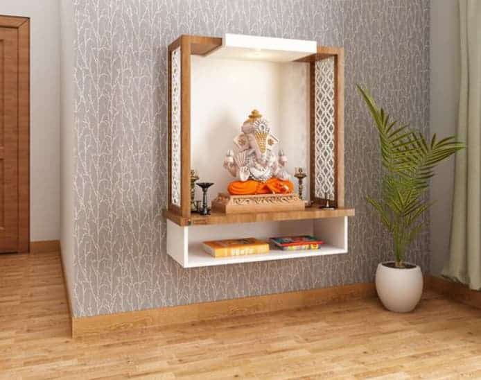 Stone Wall Wooden Mandir for Home Interior